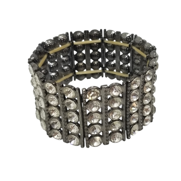 VINTAGE SILVERTONE & WHITE GLASS RHINESTONE PANEL STRETCH BRACELET - Picture 3 of 6